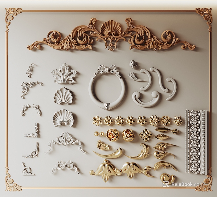 Intricate Ornate Carvings With Shell Shaped Motifs Circular Frames And Golden Silver Accents 3d model 