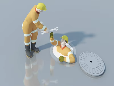 Game Movie Characters In Yellow Hard Hats Passing Wrench As One Emerges From Manhole 3d model