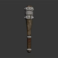 Rustic Wooden Club With Metal Rings Rivets And Leather Grip
