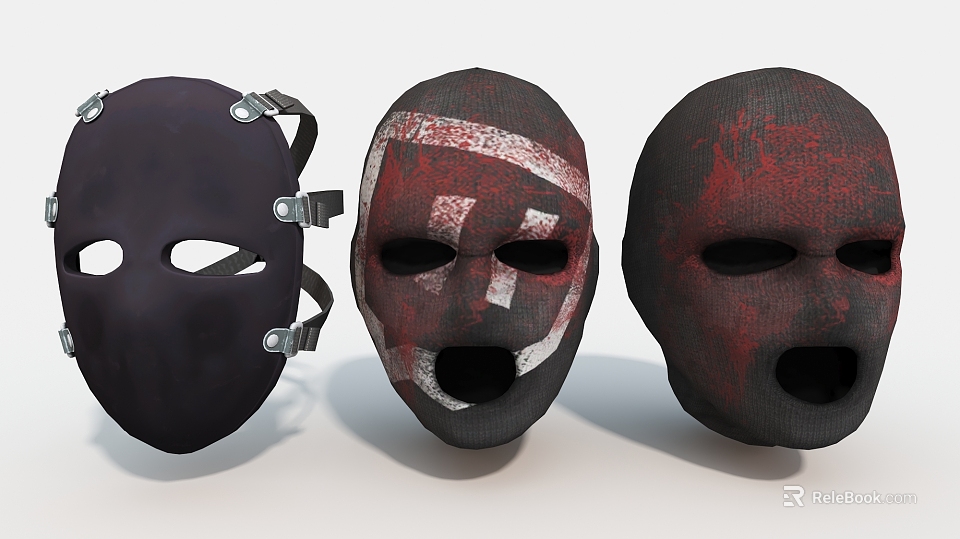Three Black Fabric Face Masks With Red White Patterns And Adjustable Straps For Daily Use 3d model 