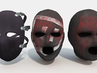 Three Black Fabric Face Masks With Red White Patterns And Adjustable Straps For Daily Use 3d model