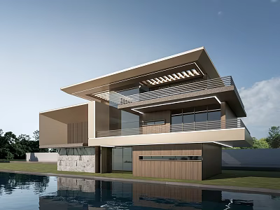 Modern Detached Villa Featuring Swimming Pool Large Windows Terrace And Surrounding Greenery 3d model