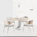 Modern Round Table And Chairs Set With Wooden Backrest Black Leather Seats And Green Plant