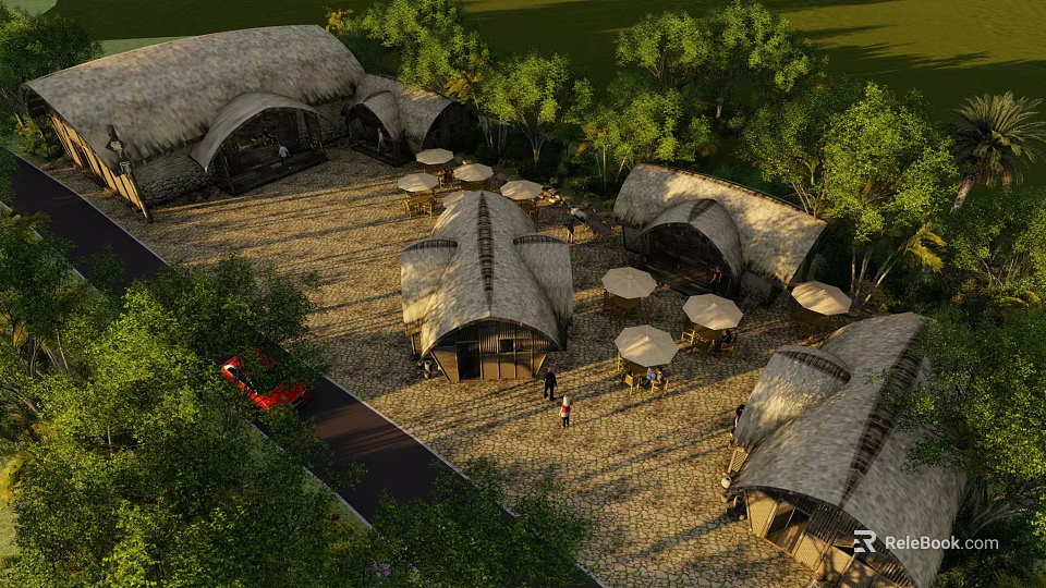 Traditional Thatched Roof Huts In Outdoor Leisure Area With Trees Tables Umbrellas And People 3d model 