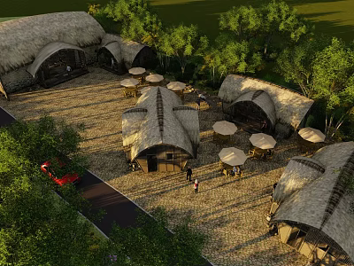 Traditional Thatched Roof Huts In Outdoor Leisure Area With Trees Tables Umbrellas And People 3d model