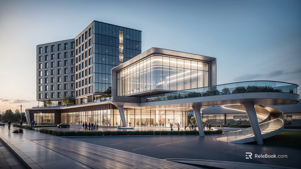 Modern Sales Office Building Featuring Glass Curtain Wall Night Lighting And Pedestrian Entrance Plaza 3d model 