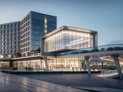Modern Sales Office Building Featuring Glass Curtain Wall Night Lighting And Pedestrian Entrance Plaza 3d model