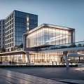 Modern Sales Office Building Featuring Glass Curtain Wall Night Lighting And Pedestrian Entrance Plaza