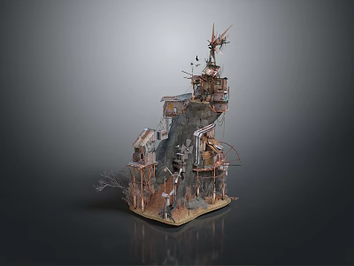 Unique Fantasy Landscape With Rock Based Multi Layered Tower And Intricate Industrial Architecture 3d model