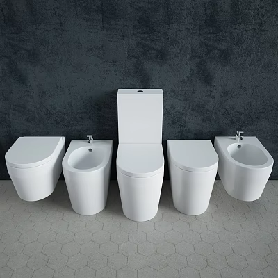 Modern White Toilet And Accessories With Dark Gray Wall And Light Hexagonal Tile Floor 3d model