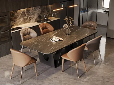 Modern Dining Area With Sleek Marble Top Table And Comfortable Chairs And Modern Lighting Decor 3d model