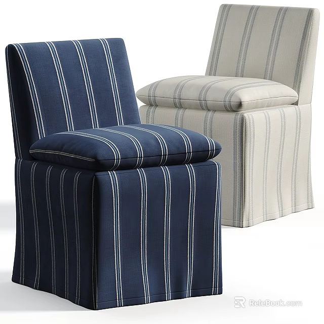 Navy Blue and Off White Striped Upholstered Dining Chairs with Elegant Classic Design 3d model 