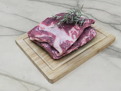 Raw beef slices on wooden cutting board with fresh rosemary 3d model