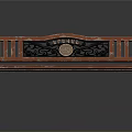 Vintage Red Wooden Bench With Black Metal Frame And Decorative Emblem Panel