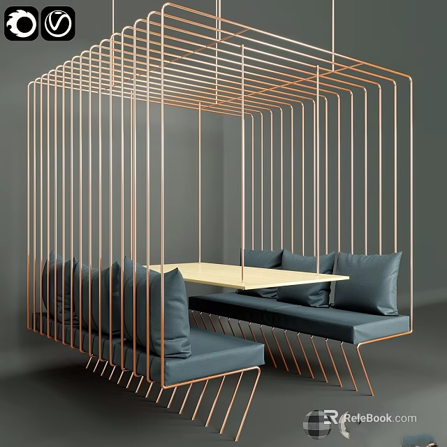 Modern Table and Chair Set with Copper Frame Deep Blue Cushioned Seats for Stylish Interiors 3d model 