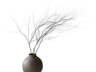 Round Textured Ceramic Vase with Natural Slender Decorative Branches for Interior Decor 3d model