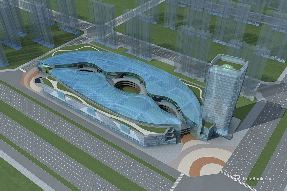 Modern Office Building With Unique Glass Facade And Urban Green Surroundings 3d model 