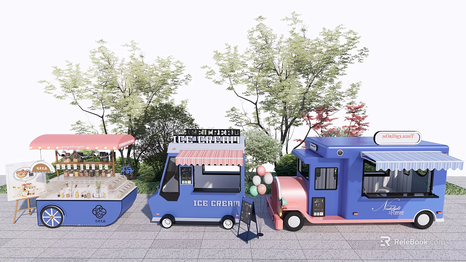 Colorful Food Trucks with Ice Cream and Coffee Service Surrounded by Trees and Balloon Decorations 3d model 