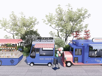 Colorful Food Trucks with Ice Cream and Coffee Service Surrounded by Trees and Balloon Decorations 3d model