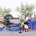 Colorful Food Trucks with Ice Cream and Coffee Service Surrounded by Trees and Balloon Decorations