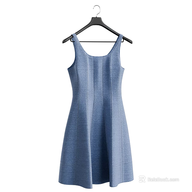Blue Sleeveless A line Dress Hanging on Black Hanger with Textured Fabric 3d model 