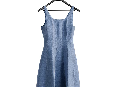 Blue Sleeveless A line Dress Hanging on Black Hanger with Textured Fabric 3d model