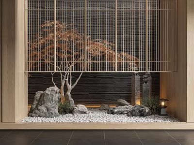 Indoor Landscape With Wooden Lattice Black Wall Orange Red Tree Stones White Pebbles And Lantern 3d model