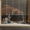 Indoor Landscape With Wooden Lattice Black Wall Orange Red Tree Stones White Pebbles And Lantern