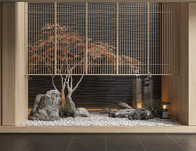 Indoor Landscape With Wooden Lattice Black Wall Orange Red Tree Stones White Pebbles And Lantern 3d model