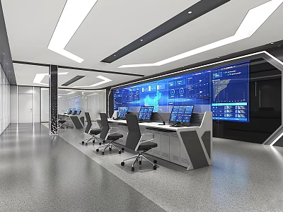 Modern Monitoring Room With Large Screen Wall Multiple Computer Monitors And Control Consoles 3d model