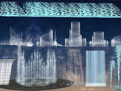 Illuminated Fountain With Dynamic Water Jets And Varying Heights At Night 3d model