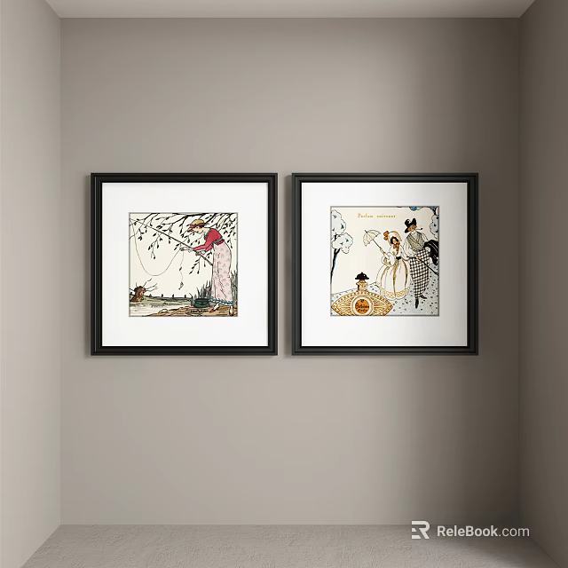 Abstract Paintings Framed With Black Frames Hanging On Light Colored Wall Interior Artwork Decoration 3d model 