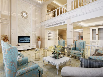 Elegant Duplex Living Room With Patterned Sofas Coffee Table And TV Unit 3d model