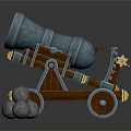 Antique Cannon With Blue Metal Barrel Wooden Carriage And Iron Cannonballs