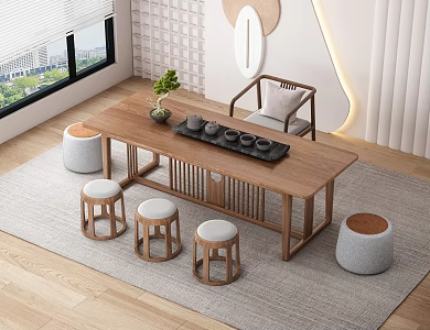 Tea Table and Chair Combination Solid Wood Tea Table Kung Fu Tea Table Tea Chair Tea Stool Tea Set 3d model