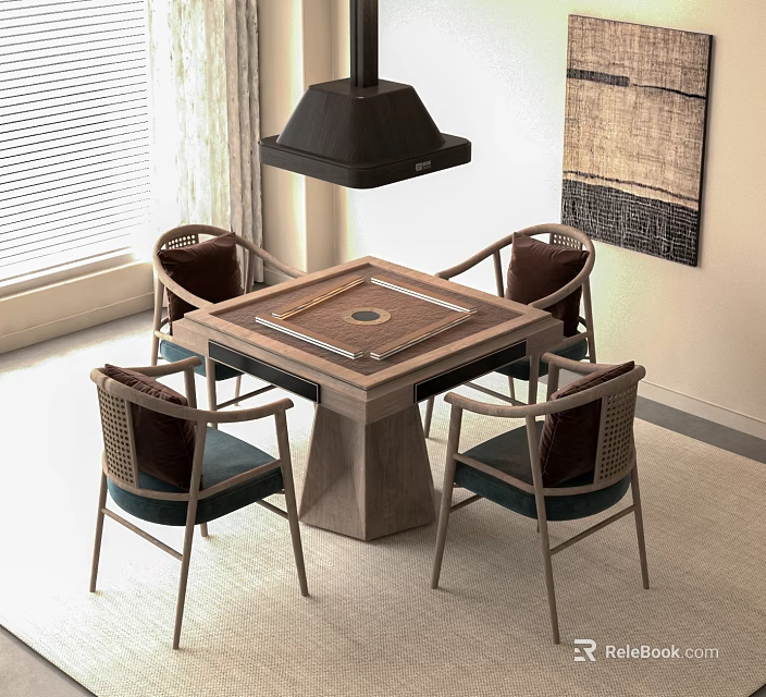 Square Wooden Entertainment Table With Upholstered Rattan Chairs And Round Center For Indoor Use 3d model 