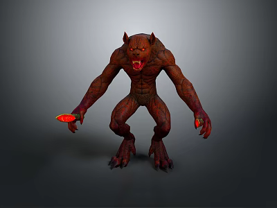 Red Standing Monster Character With Horns Sharp Teeth And Claws Holding Red Object 3d model