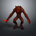 Red Standing Monster Character With Horns Sharp Teeth And Claws Holding Red Object