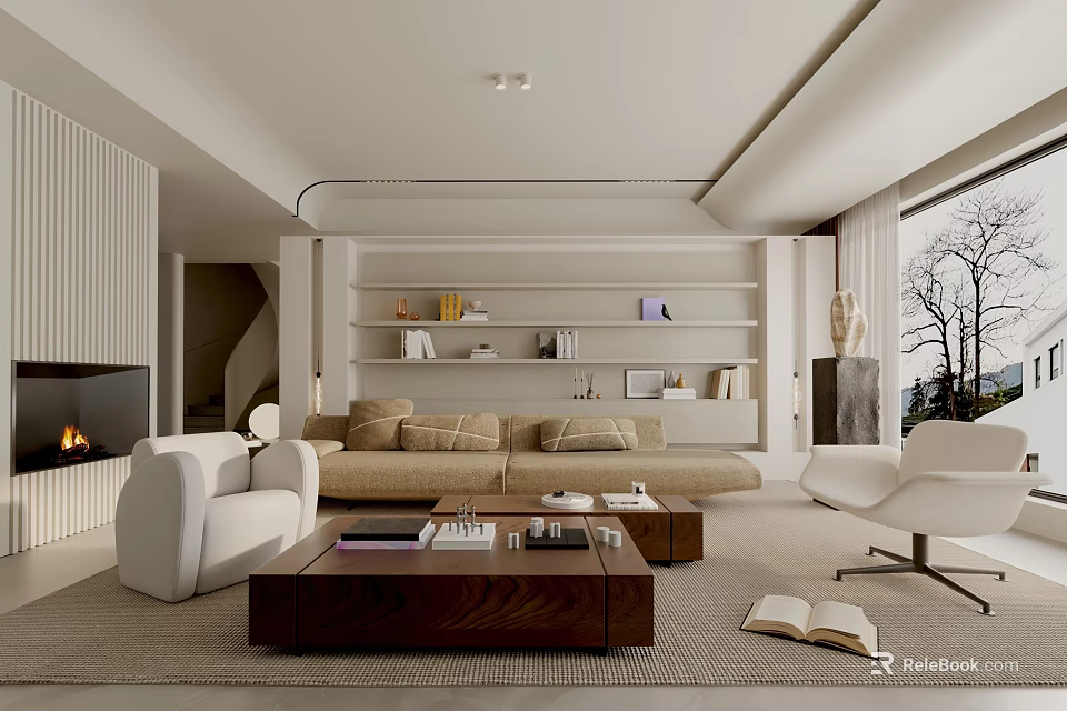 Modern Living Room Interior Design With Beige Sofa Wooden Coffee Table Bookshelves And Fireplace 3d model 