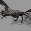 3D Rendered Dragon With Spread Wings Open Mouth And Sharp Fangs Against Gray Background