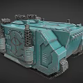 Teal Military Tank Model With Top Mounted Guns Front Plow Side Canisters Armor And Emblem