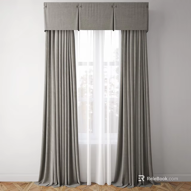 Elegant Gray Curtains With Valance And Sheer White Inner Layer For Window 3d model