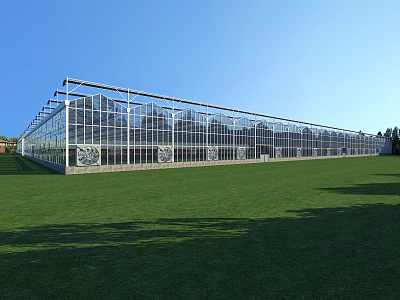 Modern Industrial Factory Exterior With Large Glass Curtain Walls Metal Frames And Green Lawn 3d model