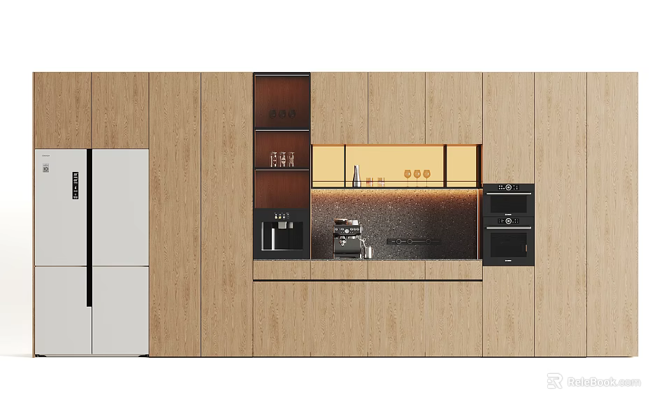 Modern Wooden Kitchen Sideboard With Dark Countertop And Integrated Refrigerator 3d model 