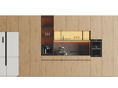 Modern Wooden Kitchen Sideboard With Dark Countertop And Integrated Refrigerator 3d model