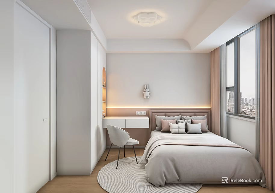 Modern Kids Room Interior Design With Bed Pillows White Wardrobe Round Rug And Window Curtains 3d model 