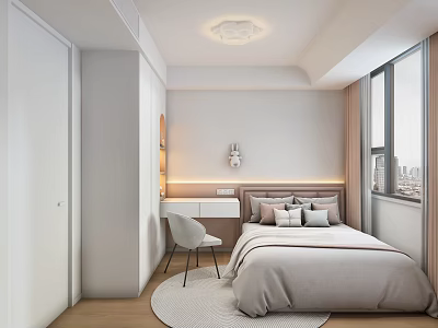 Modern Kids Room Interior Design With Bed Pillows White Wardrobe Round Rug And Window Curtains 3d model