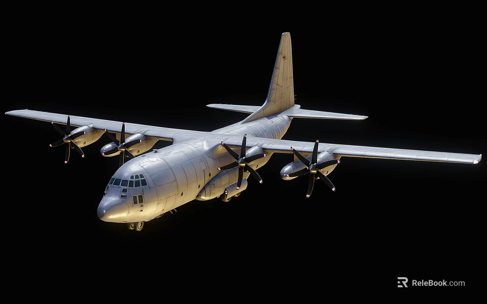 Silver Military Transport Aircraft With Four Propeller Engines Flying In Dark Sky 3d model 