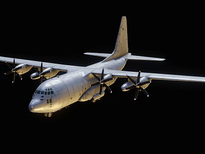 Silver Military Transport Aircraft With Four Propeller Engines Flying In Dark Sky 3d model