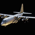 Silver Military Transport Aircraft With Four Propeller Engines Flying In Dark Sky